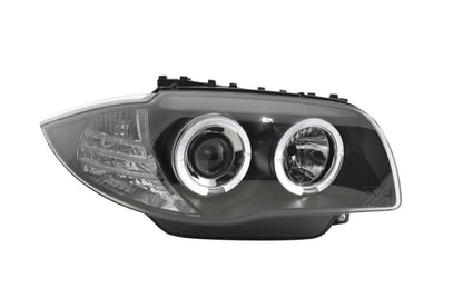BMW 1-series E81 E82 E87 E88 headlights with black angel eyes by K2 Industries, showing the headlight set for 2004-2011 models.