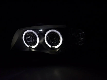 BMW 1-series E81 E82 E87 E88 black angel eyes headlight set by K2 Industries, for models 2004-2011, showing the headlights with angel eyes.