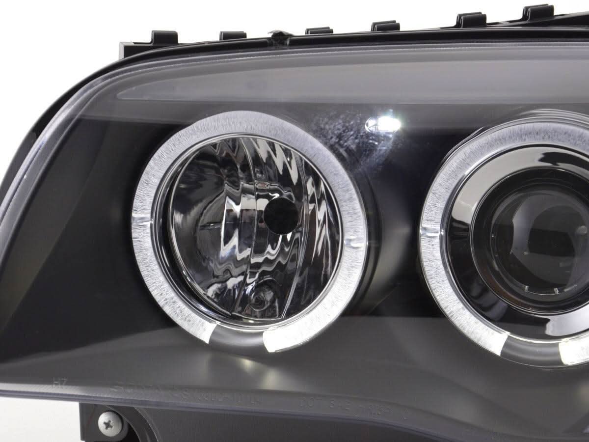 BMW 1-series E81 E82 E87 E88 black angel eyes headlight set by K2 Industries, for 2004-2011 model years, with clear lenses.