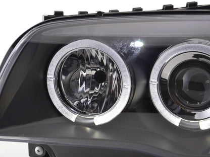 BMW 1-series E81 E82 E87 E88 black angel eyes headlight set by K2 Industries, for 2004-2011 model years, with clear lenses.