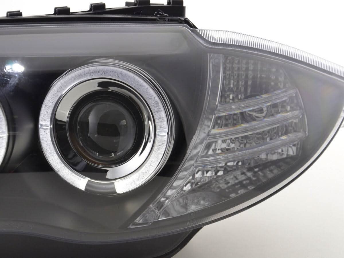 BMW 1-series E81 E82 E87 E88 black angel eyes headlights set by K2 Industries, for 2004-2011 models, showing the headlight assembly.