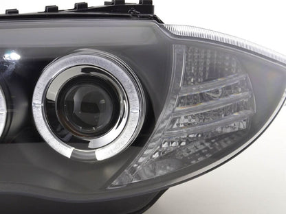 BMW 1-series E81 E82 E87 E88 black angel eyes headlights set by K2 Industries, for 2004-2011 models, showing the headlight assembly.