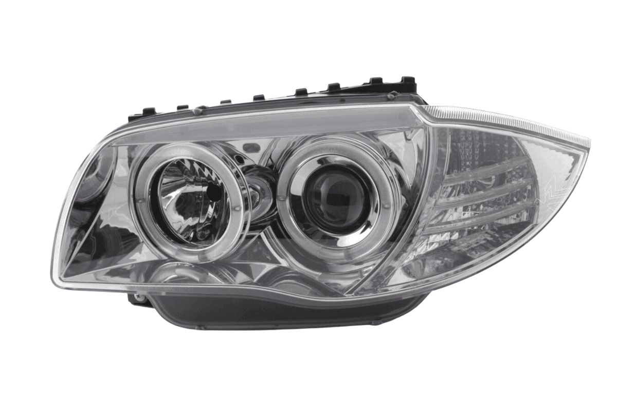 BMW 1-series E81 E82 E87 E88 chrome angel eyes headlights set by K2 Industries, showing the front view with chrome accents.