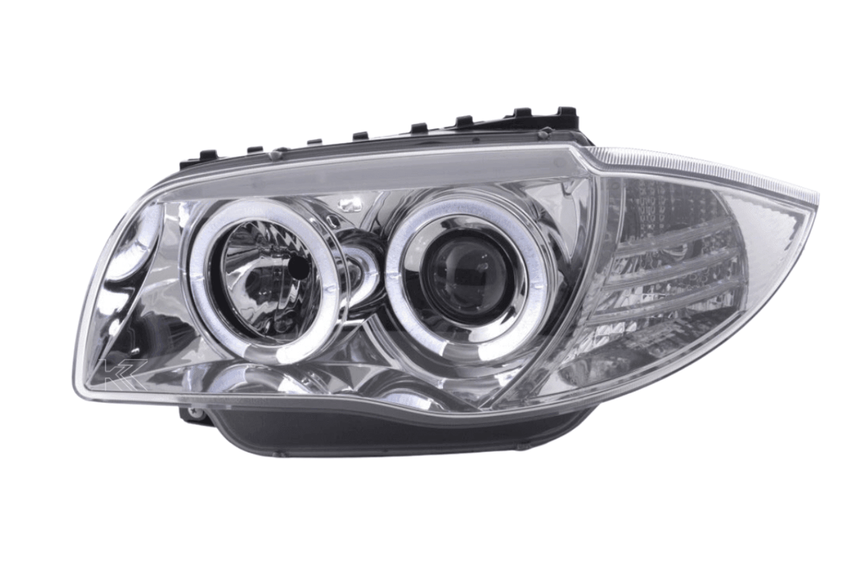 BMW 1-Series E81 E82 E87 E88 chrome angel eyes headlights set by K2 Industries, featuring distinctive circular LED rings for 2004-2011 models.