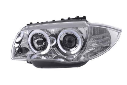 BMW 1-Series E81 E82 E87 E88 chrome angel eyes headlights set by K2 Industries, featuring distinctive circular LED rings for 2004-2011 models.