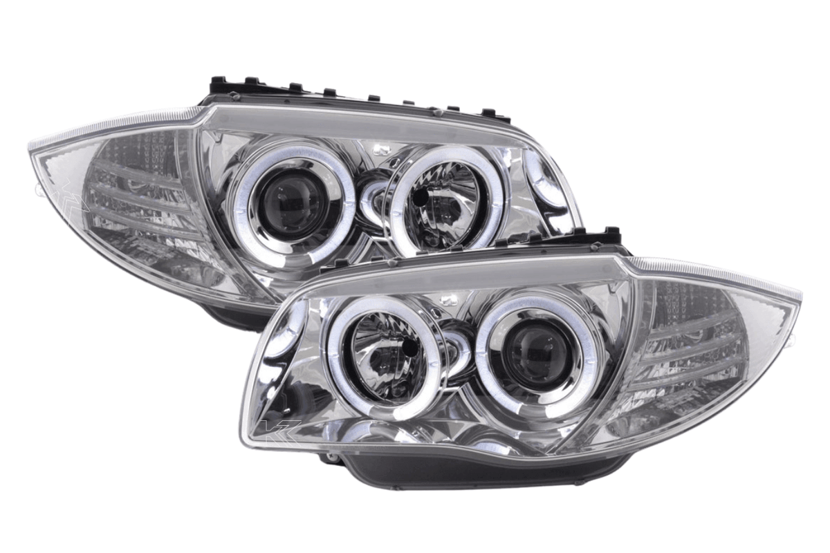BMW 1-Series E81 E82 E87 E88 chrome angel eyes headlight set by K2 Industries, featuring sleek daytime running lights for 2004-2011 models.