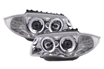 BMW 1-Series E81 E82 E87 E88 chrome angel eyes headlight set by K2 Industries, featuring sleek daytime running lights for 2004-2011 models.