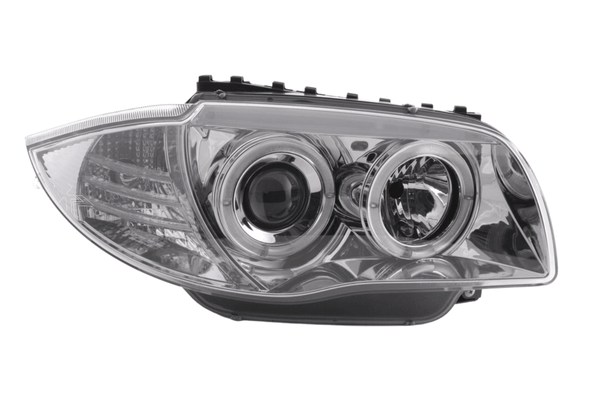 BMW 1-Series E81 E82 E87 E88 chrome angel eyes headlights set by K2 Industries, showing sleek headlight design with chrome accents.