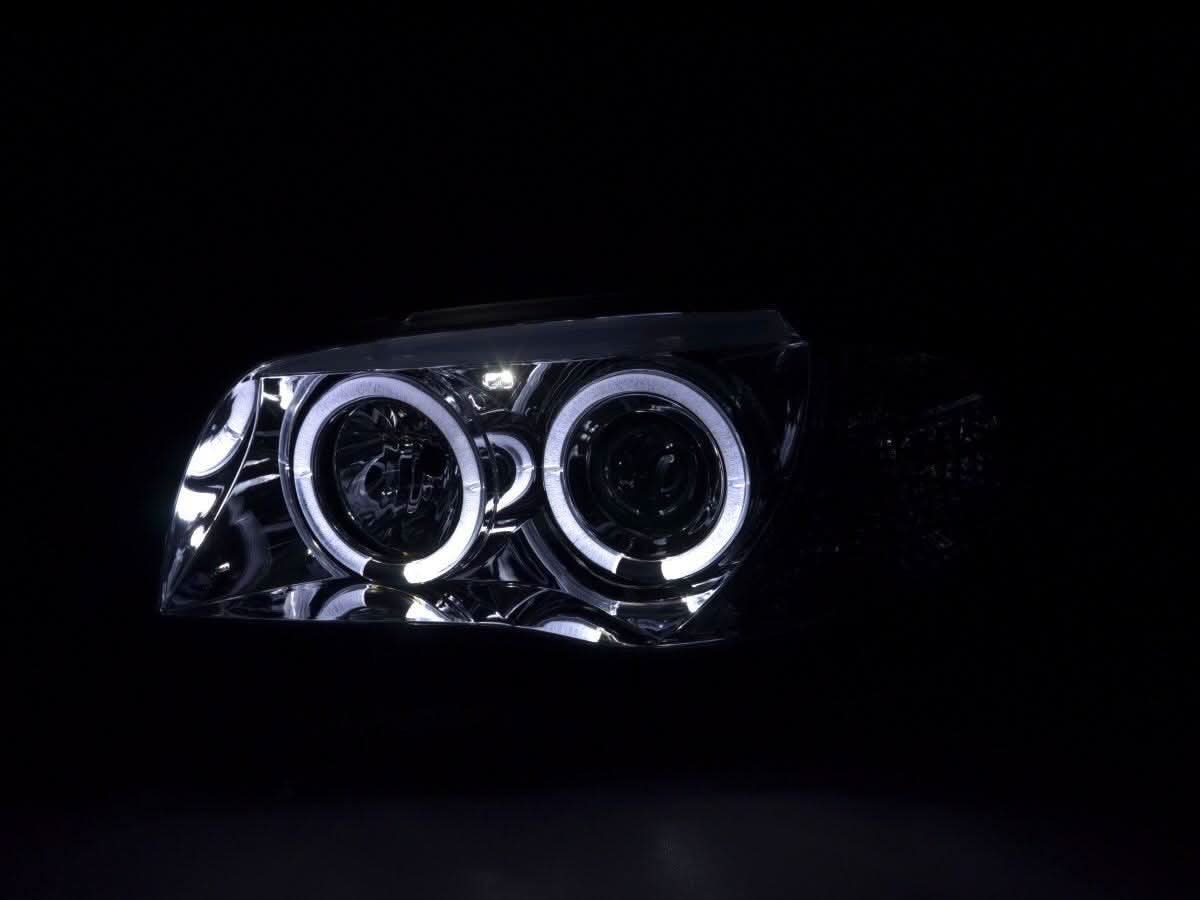 BMW 1-series E81 E82 E87 E88 chrome angel eyes headlight set by K2 Industries, featuring sleek daytime running lights.