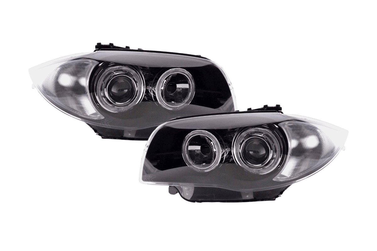 BMW 1-Series E81/E82/E87/E88 LED headlights with angel eyes by K2 Industries, compatible with 2004-2013 models.