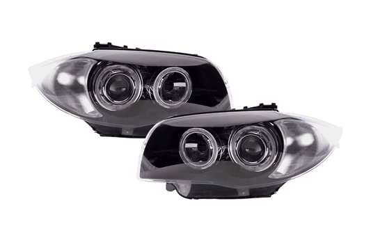 BMW 1-Series E81/E82/E87/E88 LED headlights with angel eyes by K2 Industries, compatible with 2004-2013 models.