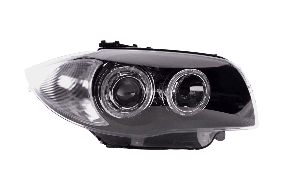 K2 Industries BMW 1-Series E81/E82/E87/E88 LED Angel Eyes Headlights, 2004-2013, with bright circular LED rings and clear lens