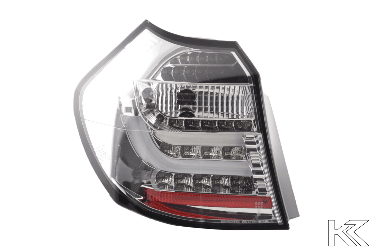 BMW 1 Series E87/E81 3/5-door chrome LED tail lights by K2 Industries, showing sleek design and clear LED illumination.