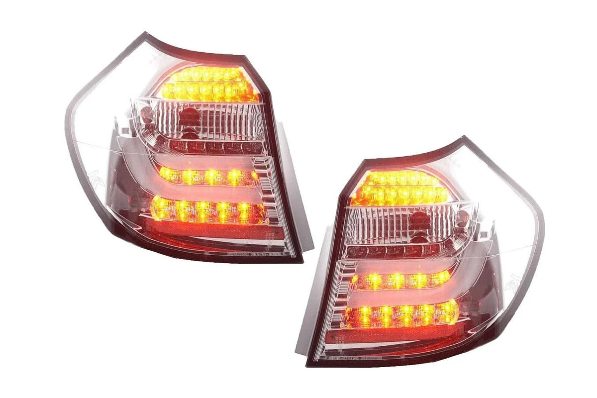 BMW 1 Series E87/E81 3/5-door chrome LED tail lights, 2004-2007, by K2 Industries, showing sleek design and LED lighting features.