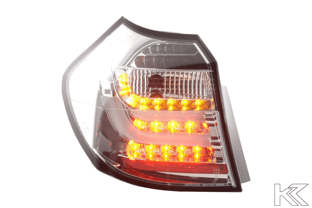 BMW 1 Series E87/E81 3/5-door chrome LED taillights by K2 Industries, showing close-up of sleek, modern rear light design.