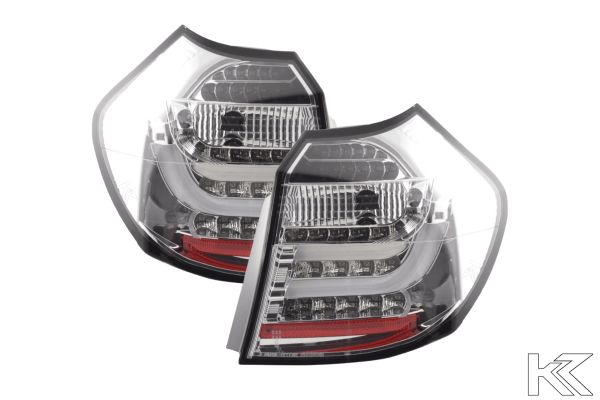 BMW 1 Series E87/E81 chrome LED tail lights for 2004-2007, aftermarket tail lights by K2 Industries, shown installed on vehicle
