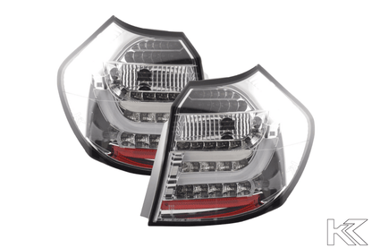 BMW 1 Series E87/E81 chrome LED tail lights for 2004-2007, aftermarket tail lights by K2 Industries, shown installed on vehicle