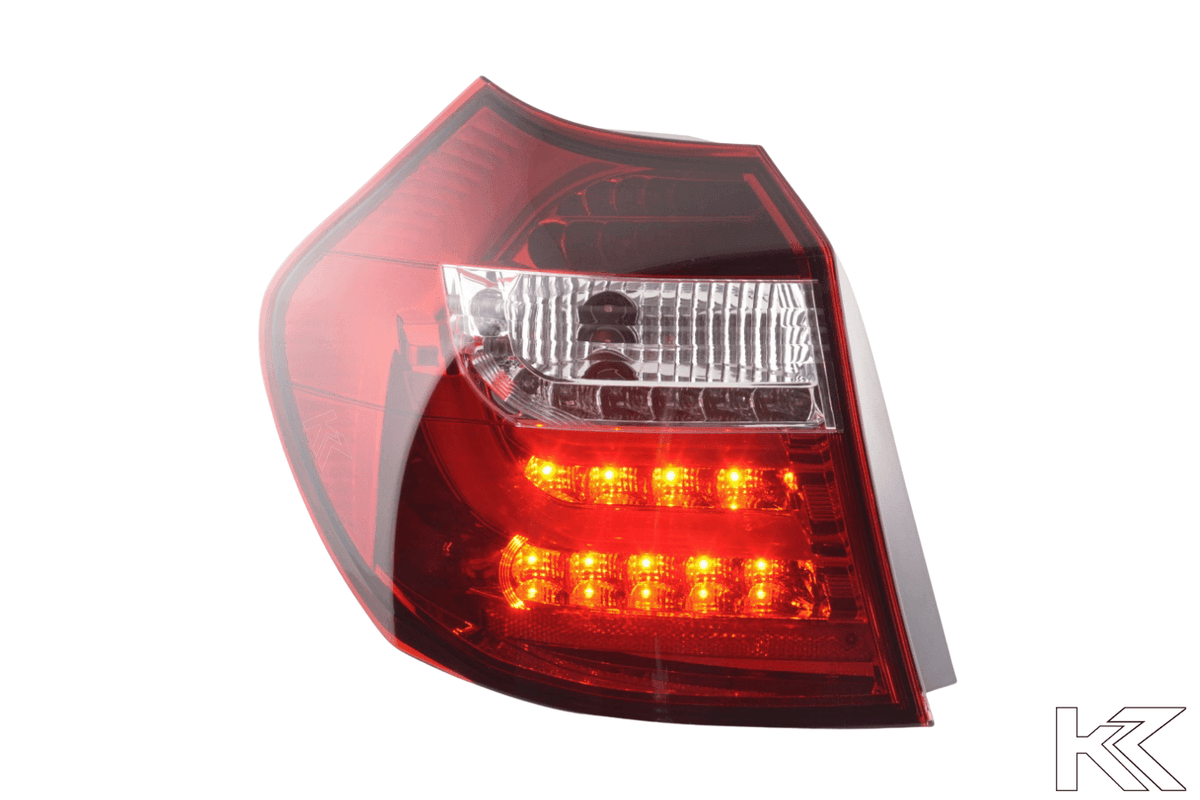 BMW 1 Series E87/E81 3/5-door red LED taillights by K2 Industries, for models 2004-2006, showing the tail light assembly.