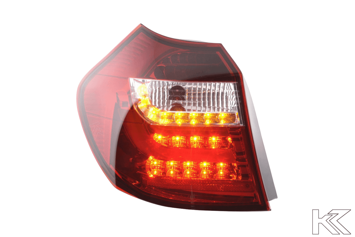 BMW 1 Series E87/E81 3/5-door red LED tail lights by K2 Industries, showing the sleek LED design for model years 2004-2006.