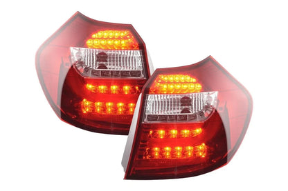 BMW 1 Series E87/E81 3/5-door red LED tail lights by K2 Industries, showing the sleek design and bright red lens for 2004-2006 models.
