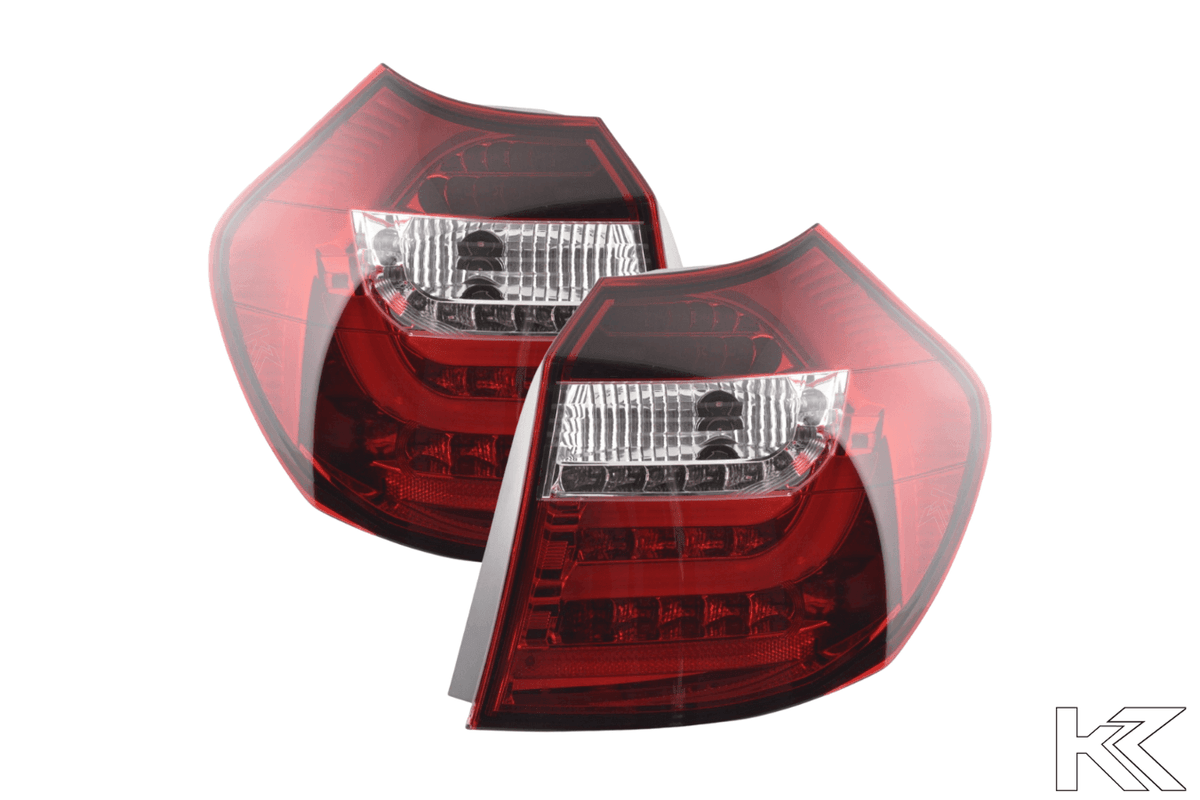 BMW 1 Series E87/E81 red LED tail lights for 3/5-door models from 2004-2006 by K2 Industries, showing the LED light design.