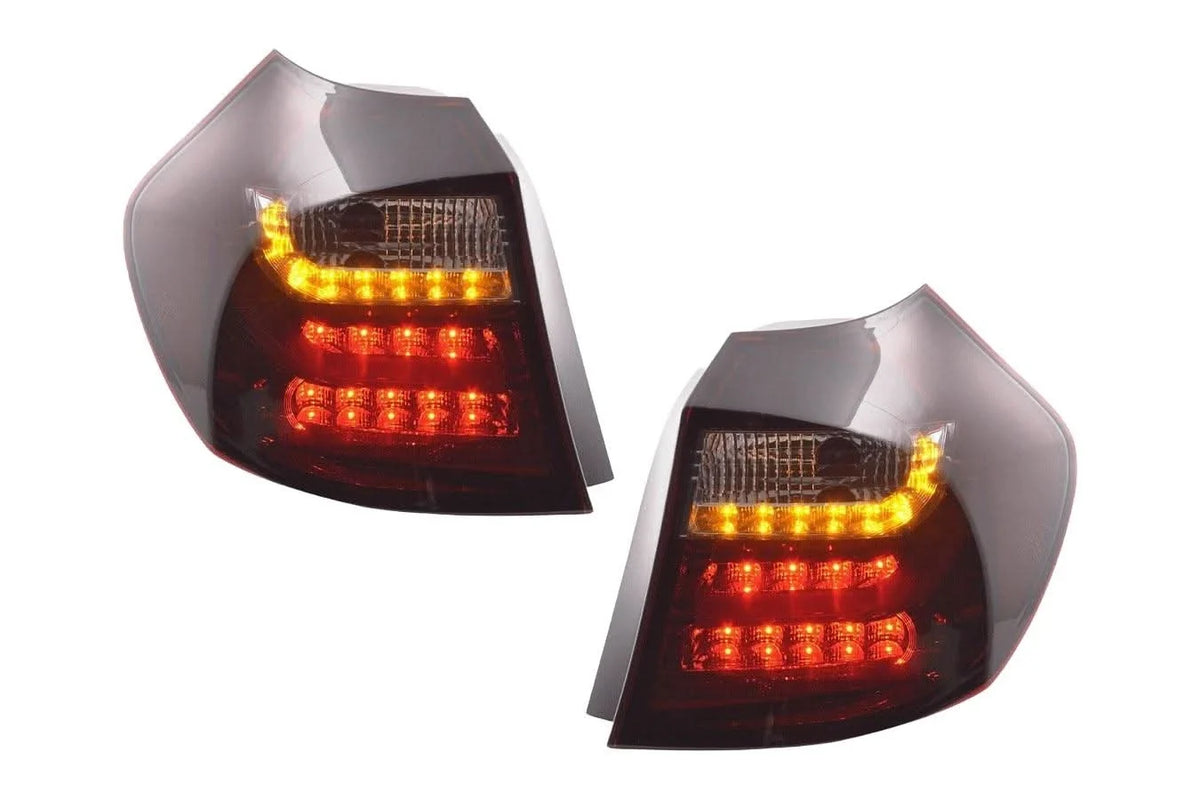 BMW 1 Series E87/E81 3/5-Door red smoked LED tail lights by K2 Industries, 2004-2007, showing close-up of tail light assembly