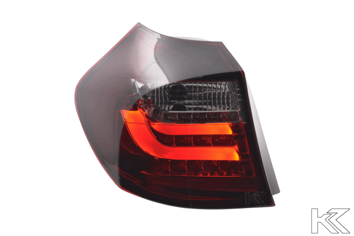 BMW 1 Series E87/E81 3/5-door red smoked LED tail lights by K2 Industries, for models 2007-2011, showing sleek taillight design.