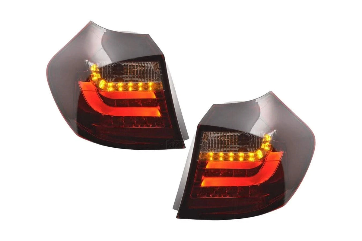 BMW 1 Series E87/E81 3/5-door red smoked LED tail lights by K2 Industries, designed for 2007-2011 models, showing the taillight assembly.