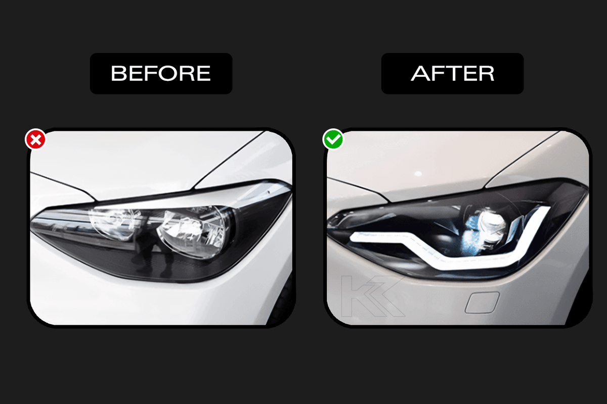 BMW 1 Series F20 116i 118i headlights upgrade by K2 Industries, featuring modern design for models 2011-2019.