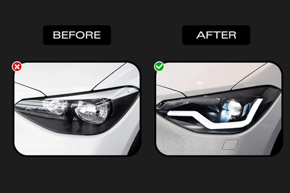 BMW 1 Series F20 116i 118i headlights upgrade by K2 Industries, featuring modern design for models 2011-2019.