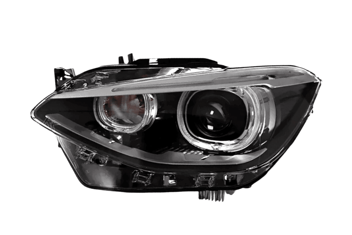 BMW 1-Series F20 OE style headlights upgrade by K2 Industries for 2012-2016 model, featuring sleek daytime running lights and clear lenses.