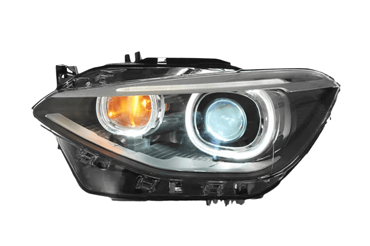 BMW 1-Series F20 OE style headlights upgrade by K2 Industries for 2012-2016 model, featuring clear lenses and modern design.