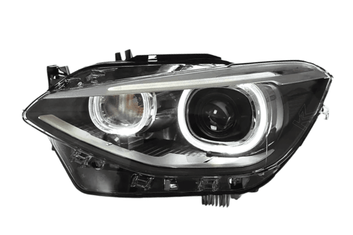 BMW 1-Series F20 OE style headlights upgrade by K2 Industries for 2012-2016, featuring sleek design and clear lens.