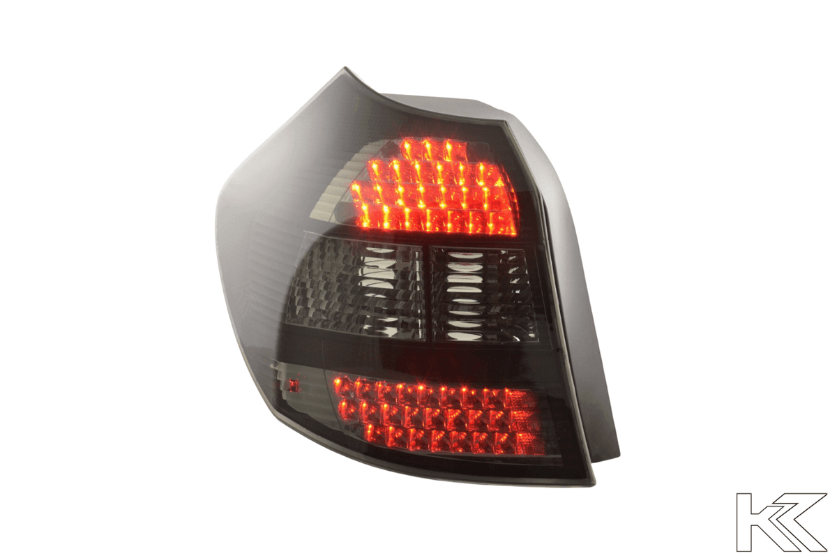 BMW 1 Series E87 black LED tail lights by K2 Industries for 2004-2007, showing the sleek design and LED lighting details.