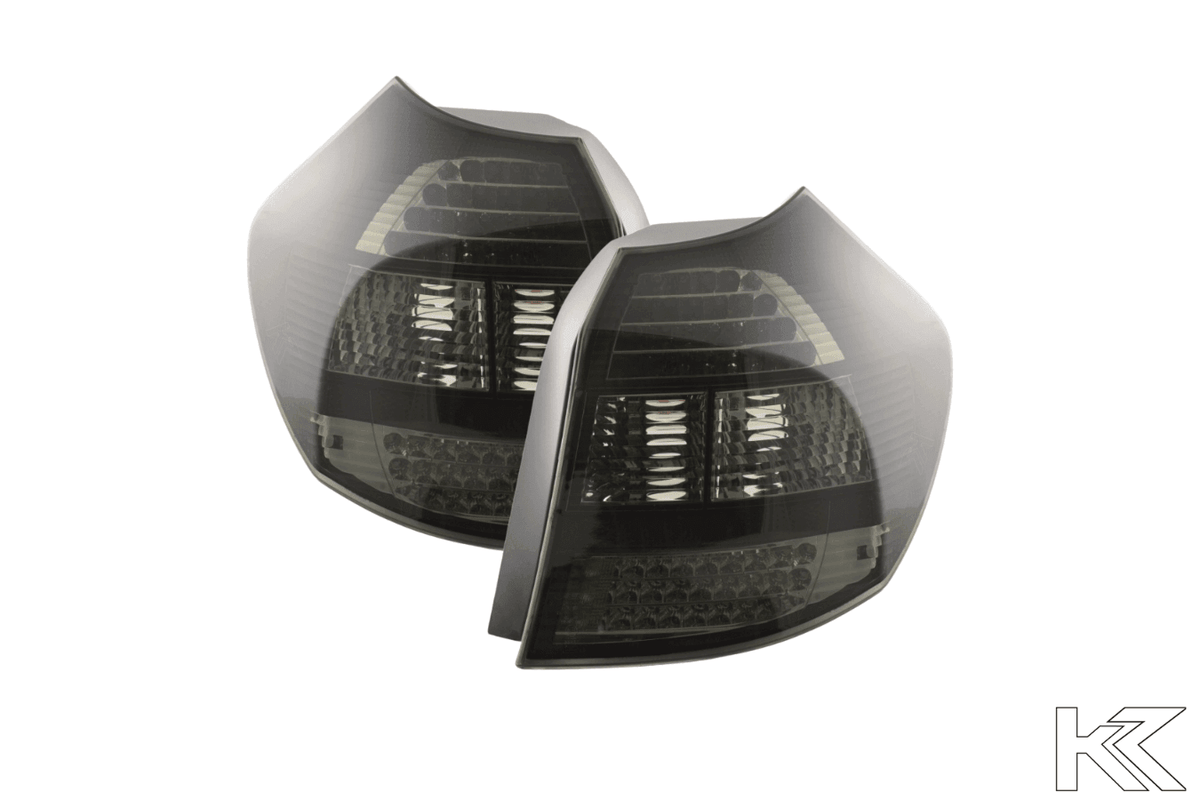 BMW 1 Series E87 black LED tail lights by K2 Industries for 2004-2007 model, showing the sleek rear light design.