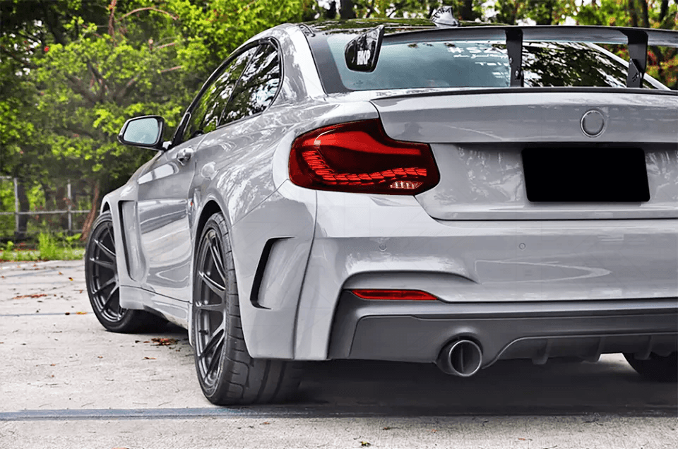 BMW 2 Series and M2 GTS style OLED tail lights by K2 Industries, shown on a 2014-2021 model with sleek LED design.