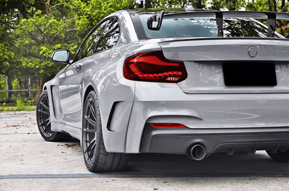 BMW 2 Series and M2 GTS style OLED tail lights by K2 Industries, shown on a 2014-2021 model with sleek LED design.