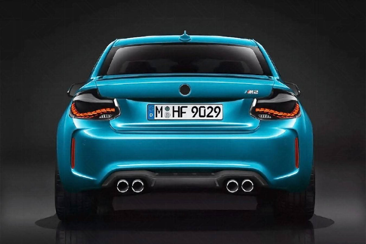 BMW 2 Series and M2 GTS style OLED tail lights by K2 Industries, featuring sleek design for F22, F23, and F87 models (2014-2021).