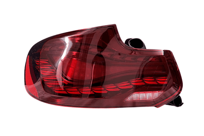 BMW 2-Series and M2 OLED tail lights in red and black dragon scale design by K2 Industries, featuring sleek LED detailing.