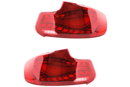 BMW 2-Series and M2 OLED tail lights in red and black dragon scale design by K2 Industries, featuring sleek, modern styling.