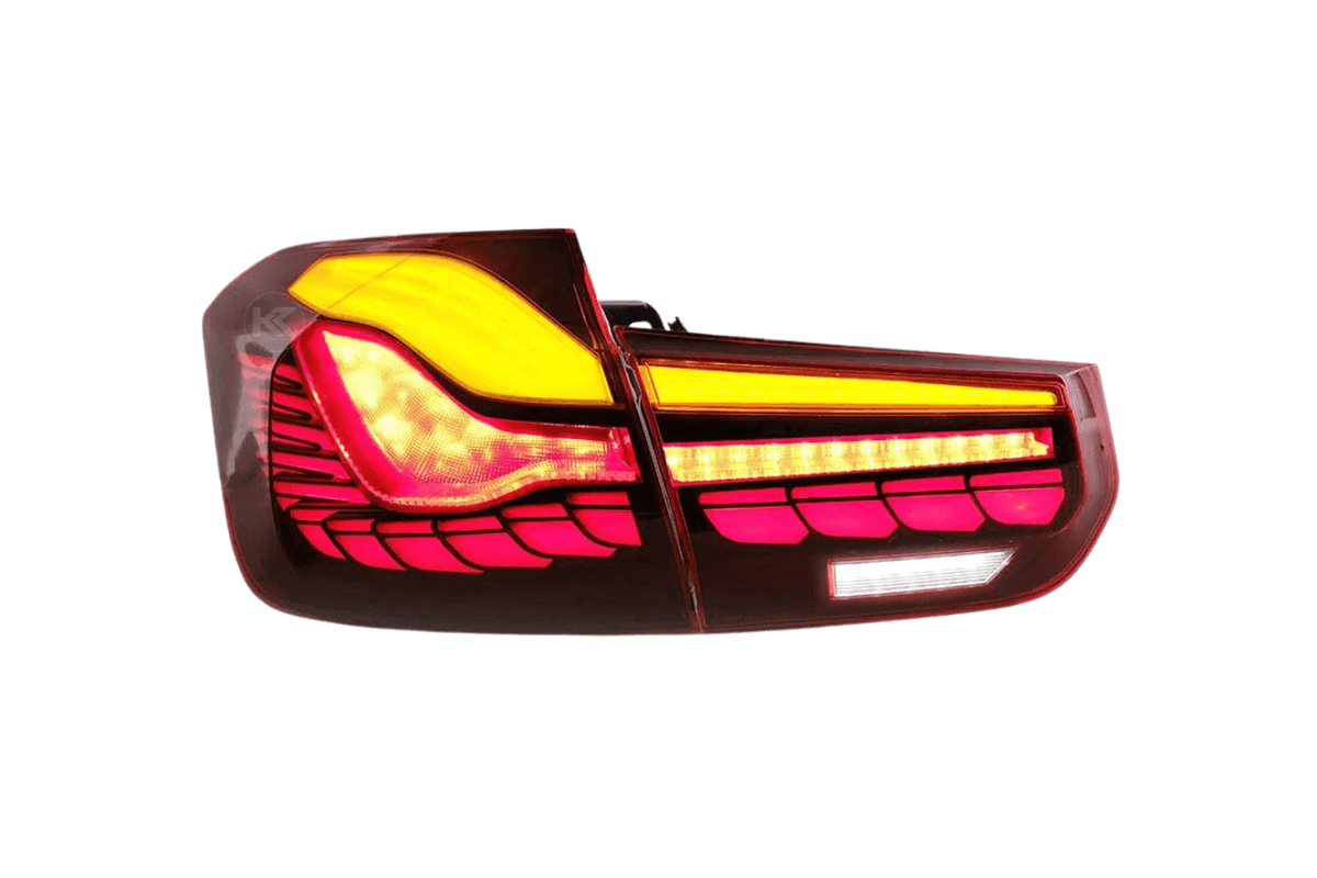BMW 3-Series F30 F35 F80 GTS style OLED dynamic tail lights in red or smoked, designed for 2012-2019 models by K2 Industries.