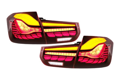 BMW 3-Series F30 F35 F80 GTS style OLED dynamic tail lights in red or smoked, designed for 2012-2019 models by K2 Industries.