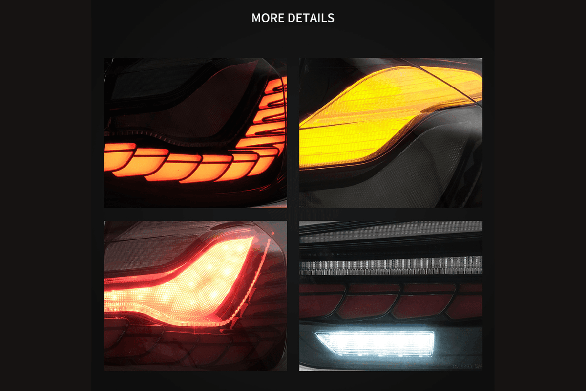 BMW 3-Series F30 F35 F80 GTS style OLED dynamic tail lights in red or smoked by K2 Industries, for 2012-2019 models.