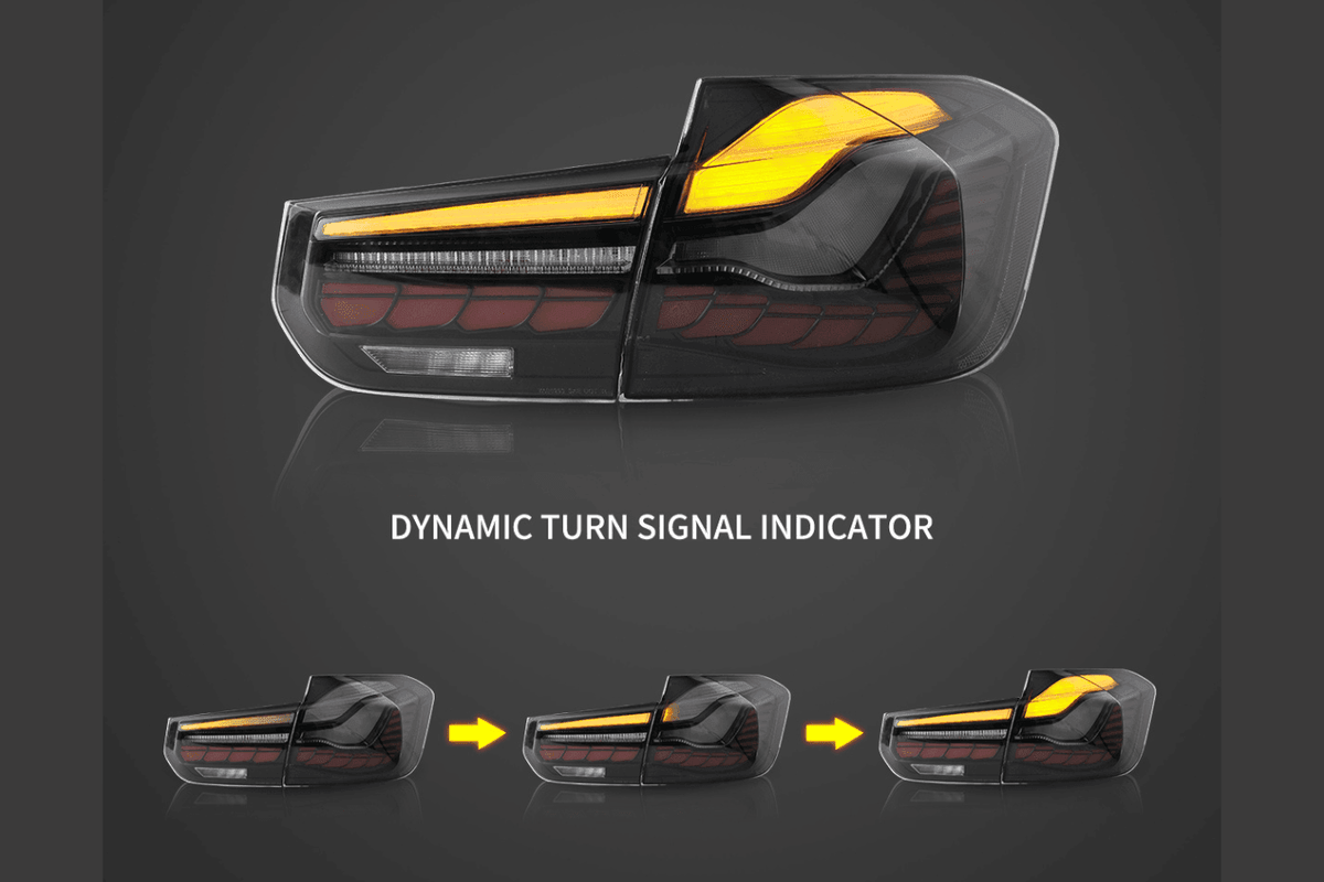 BMW 3-Series F30 F35 F80 GTS style OLED tail lights in red or smoked, dynamic LED design by K2 Industries for 2012-2019 models.