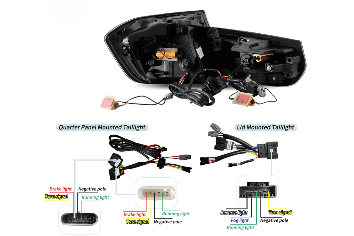 BMW 3-Series F30 F35 F80 GTS style red or smoked OLED dynamic tail lights by K2 Industries, for 2012-2019 models.