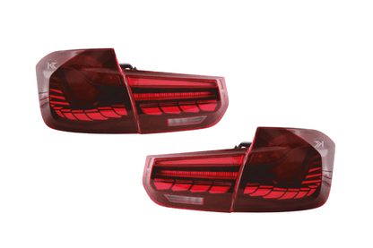 BMW 3-Series F30 F35 F80 GTS style OLED dynamic tail lights in red or smoked by K2 Industries for 2012-2019 models.