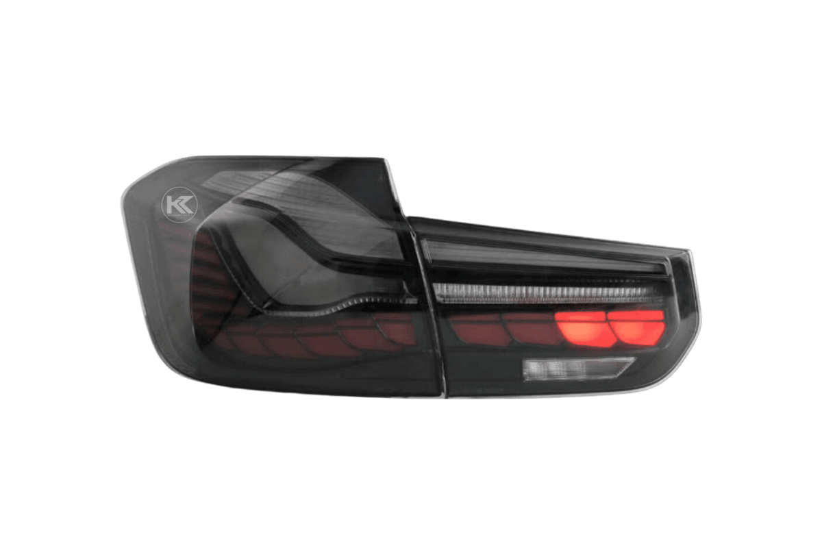 BMW 3-Series F30 F35 F80 GTS style tail lights by K2 Industries, red or smoked OLED dynamic design for 2012-2019 models.