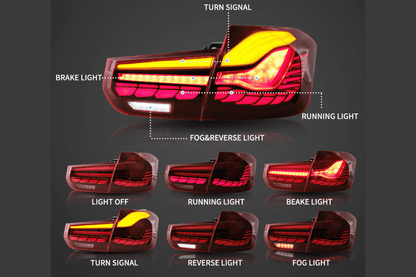 BMW 3-Series F30 F35 F80 GTS style OLED tail lights in red or smoked, dynamic LED design by K2 Industries for 2012-2019 models.