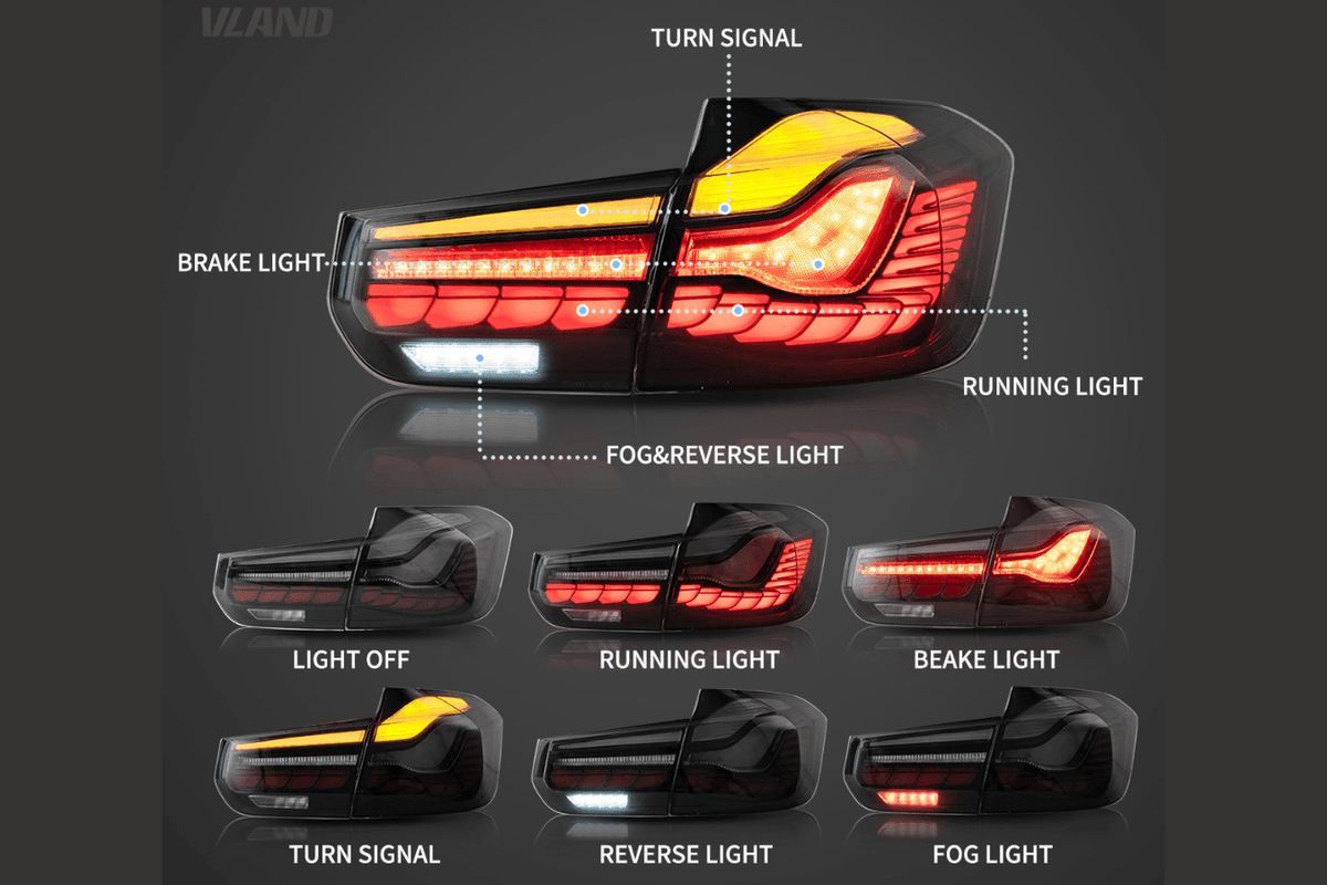 BMW 3-Series F30 F35 F80 GTS style OLED dynamic tail lights in red or smoked by K2 Industries, 2012-2019.