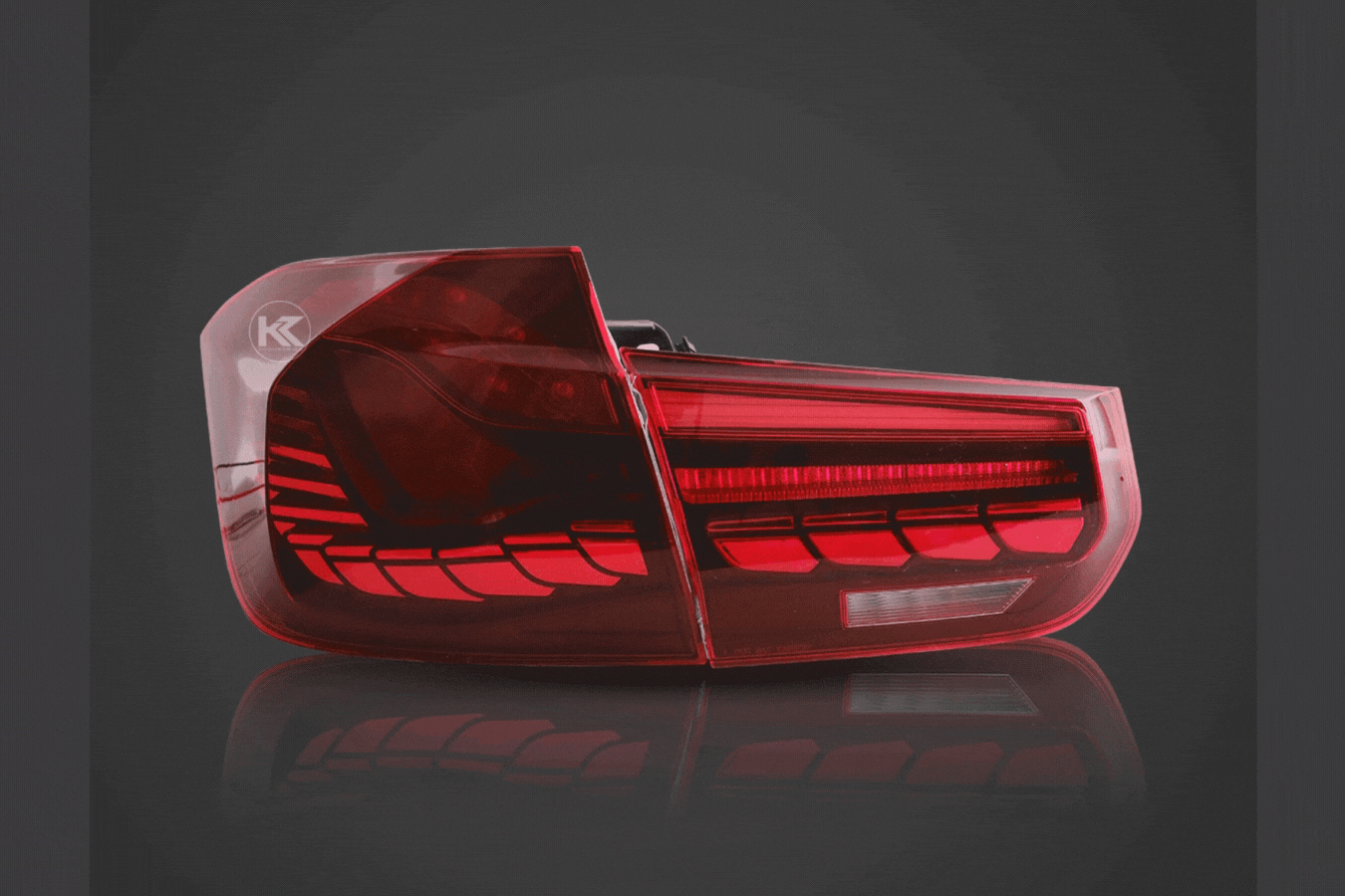 BMW 3-Series F30 F35 F80 GTS style OLED dynamic tail lights in red or smoked by K2 Industries, for 2012-2019 models.